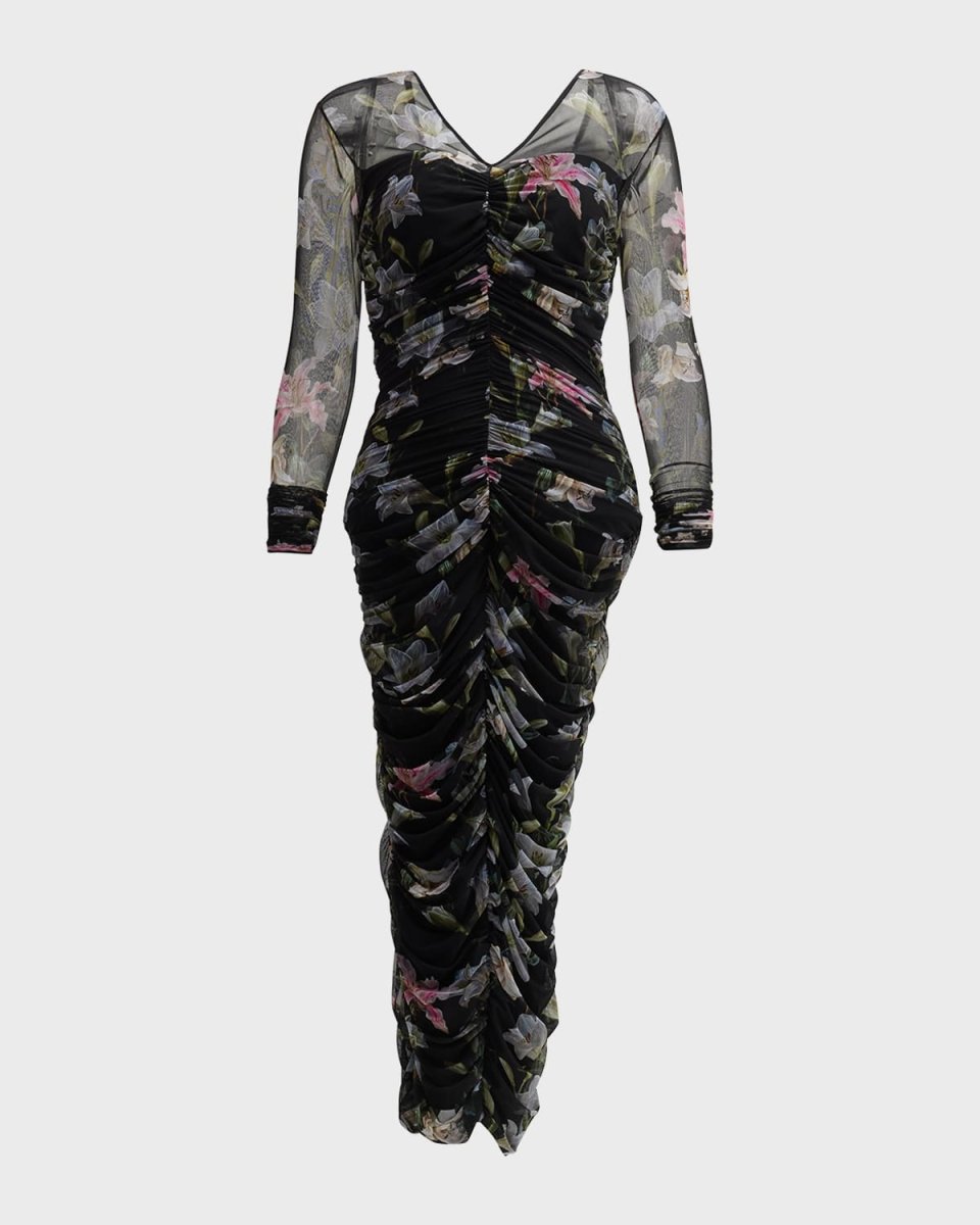 Amonia Illusion-Sleeve Floral-Print Midi Dress